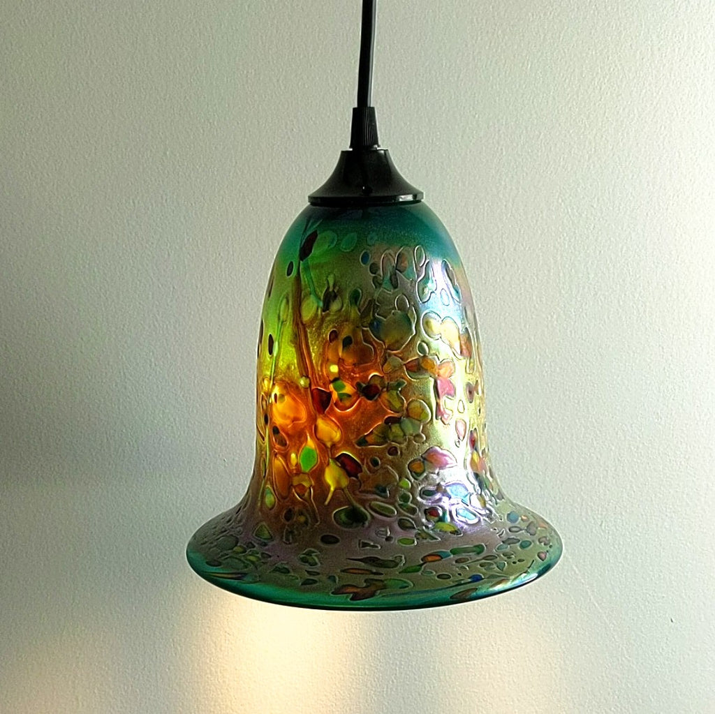 Blown Glass Pendant Lamp by Rick Hunter, illuminated