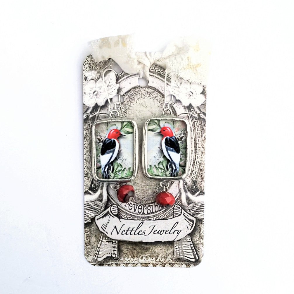 Vintage woodpecker print reversible earring by Nettles Jewelry