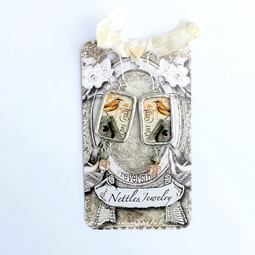 Bird on nest box, reversible vintage print earring by Nettles Jewelry