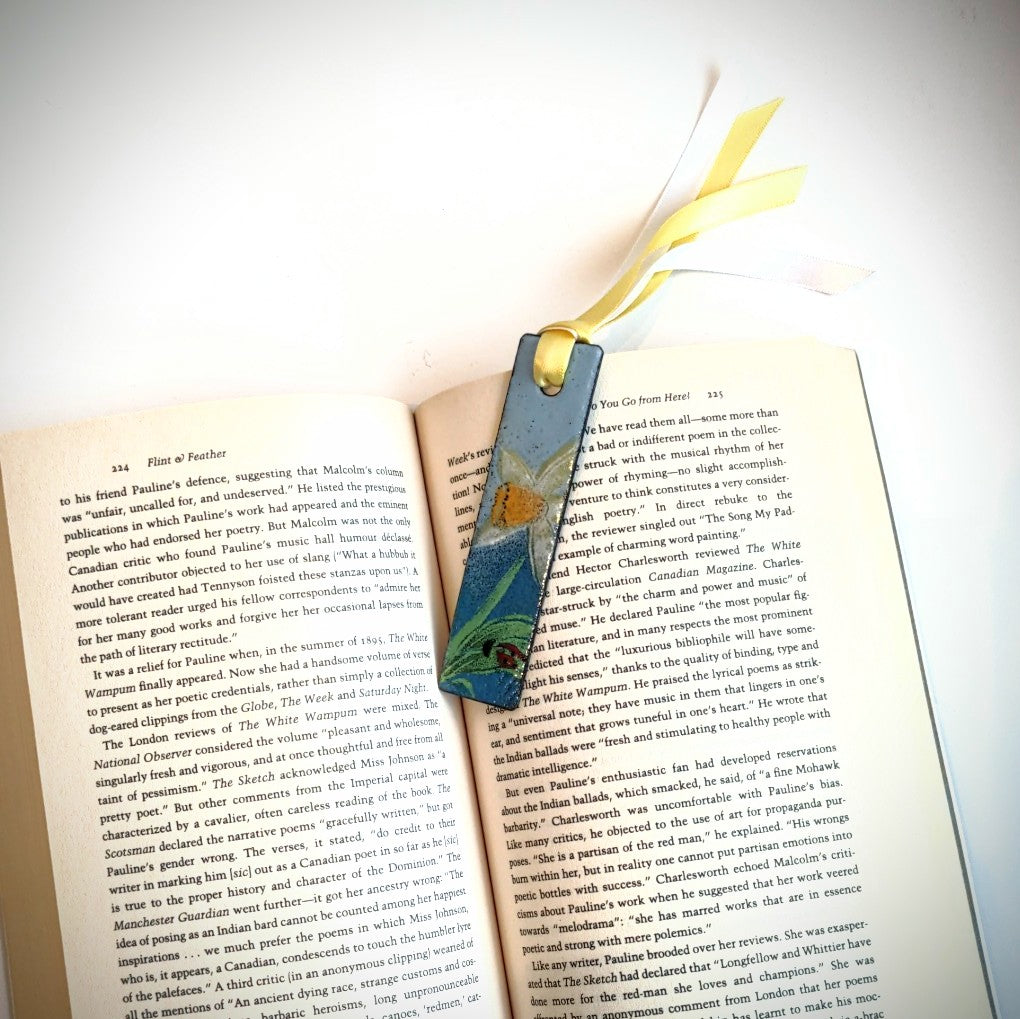 Enamel bookmark by Margo Page with narcissus and ladybug