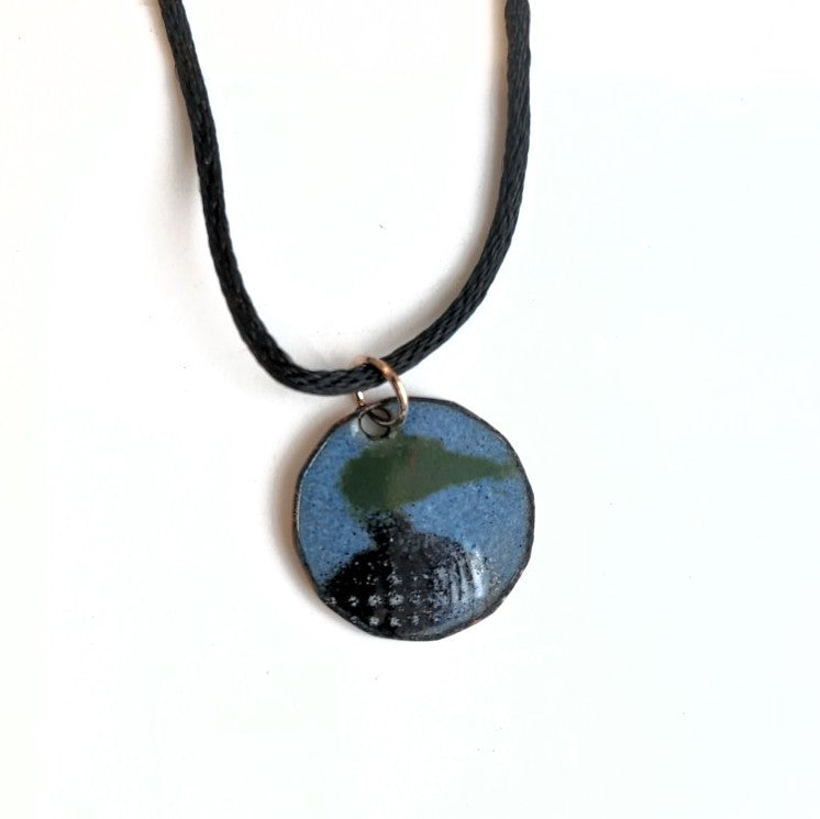 Loon design enamel pendant on Canadian penny, by Margot Page