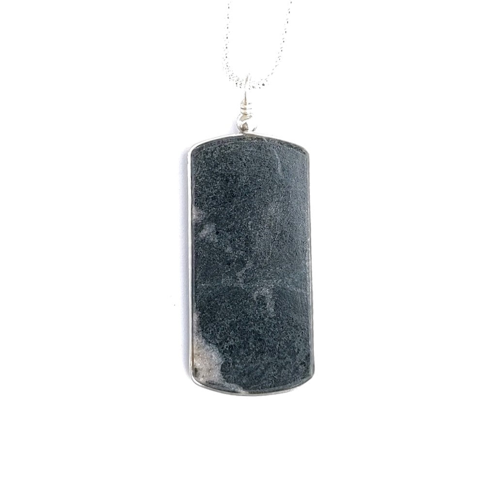 Solid stone with Swarovski crystal, hand painted design, sterling silver chain, pendant made in Canada by Wendy Stanwick of A Slice of the North jewellery, back view.