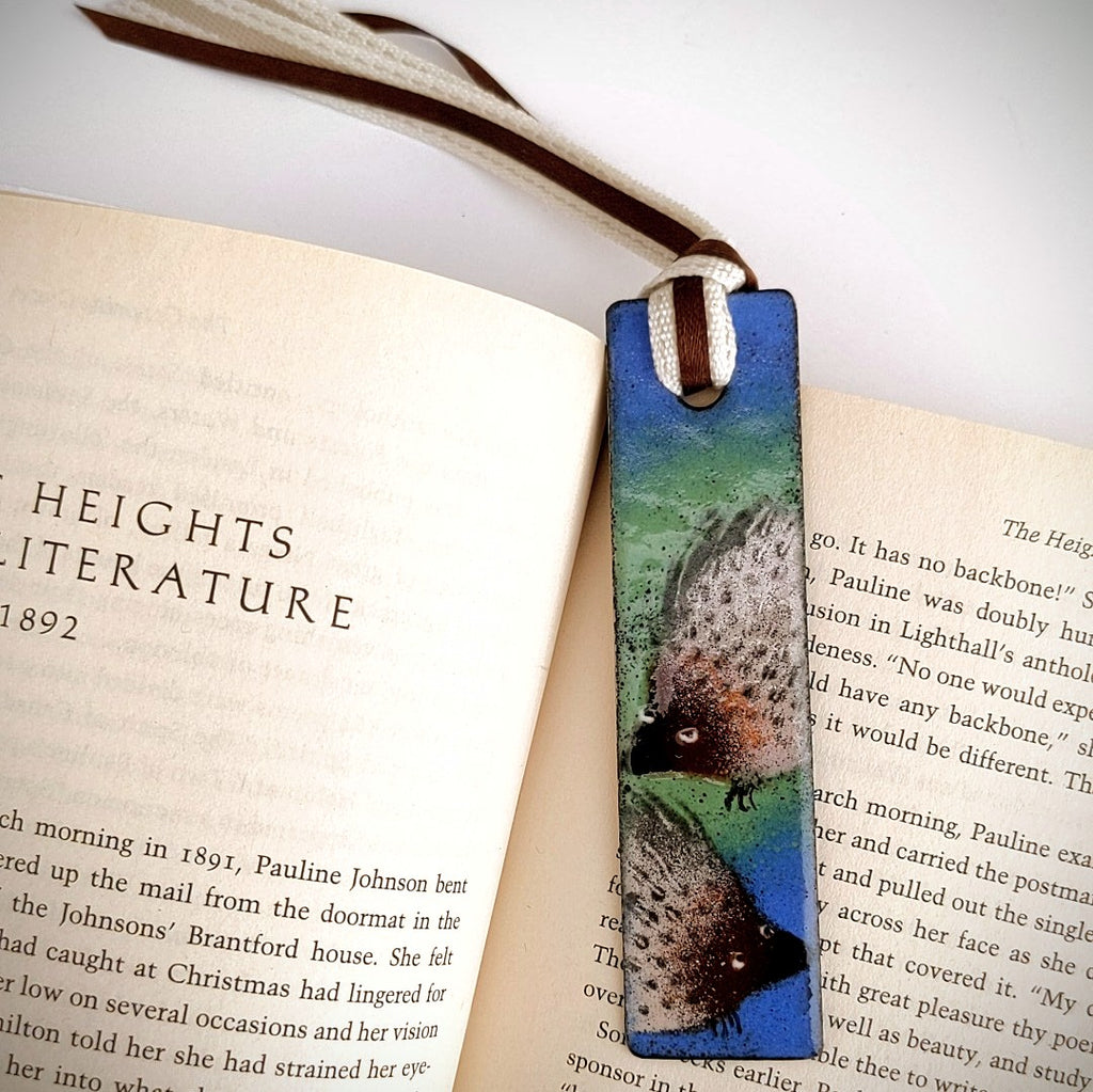 Hedgehog design enamel bookmark by Margot Page, lifestyle shot