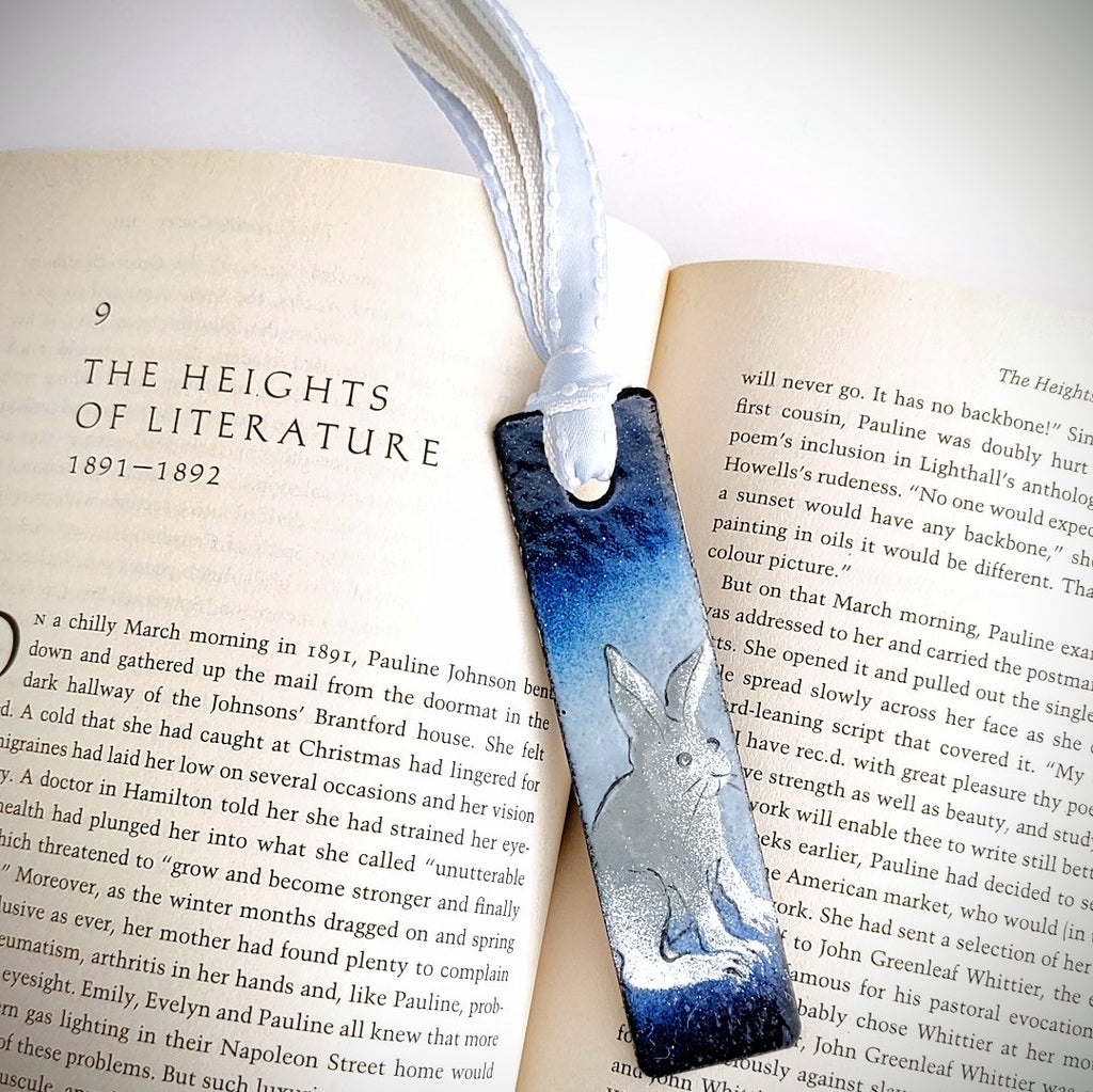 Hare design enamel bookmark by Margot Page, lifestyle image