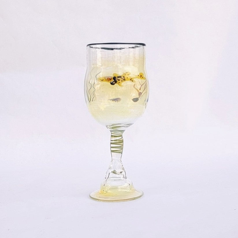 Yellow Fish design on white background  Ocean Goblet by Otter Rotolante of OT Glass