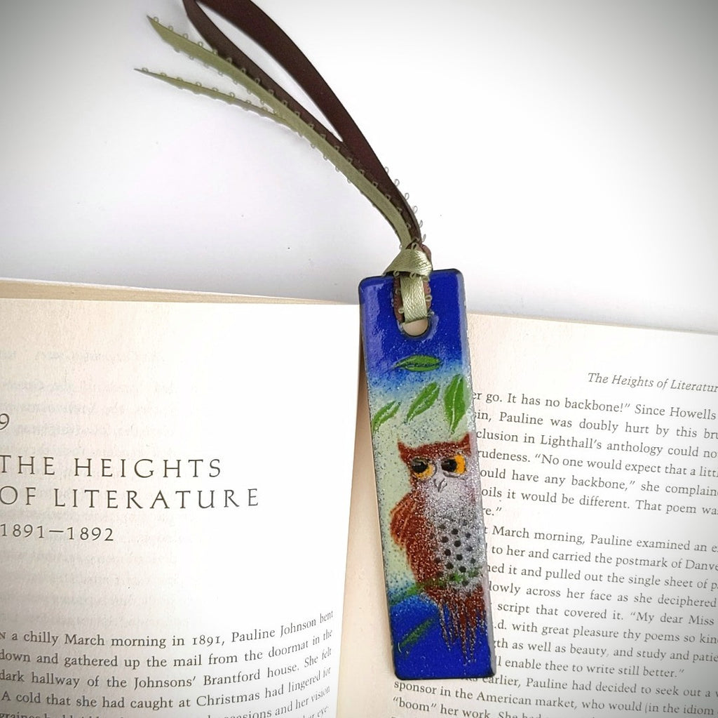 Owl enamel bookmark by Margot Page, lifestyle view.