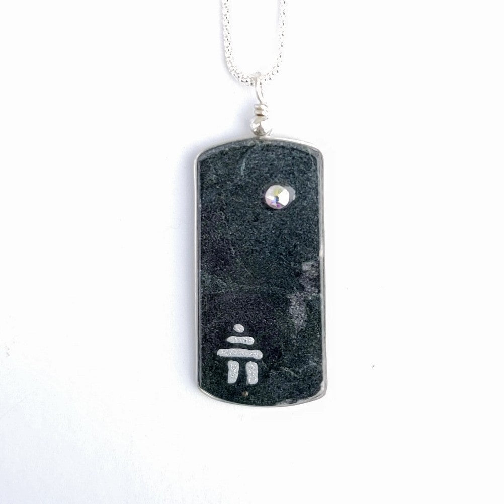 Solid stone with Swarovski crystal, hand painted design, sterling silver chain, pendant made in Canada by Wendy Stanwick of A Slice of the North jewellery.