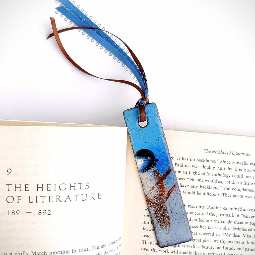 Chickadee enamel bookmark by Margot Page, lifestyle shot