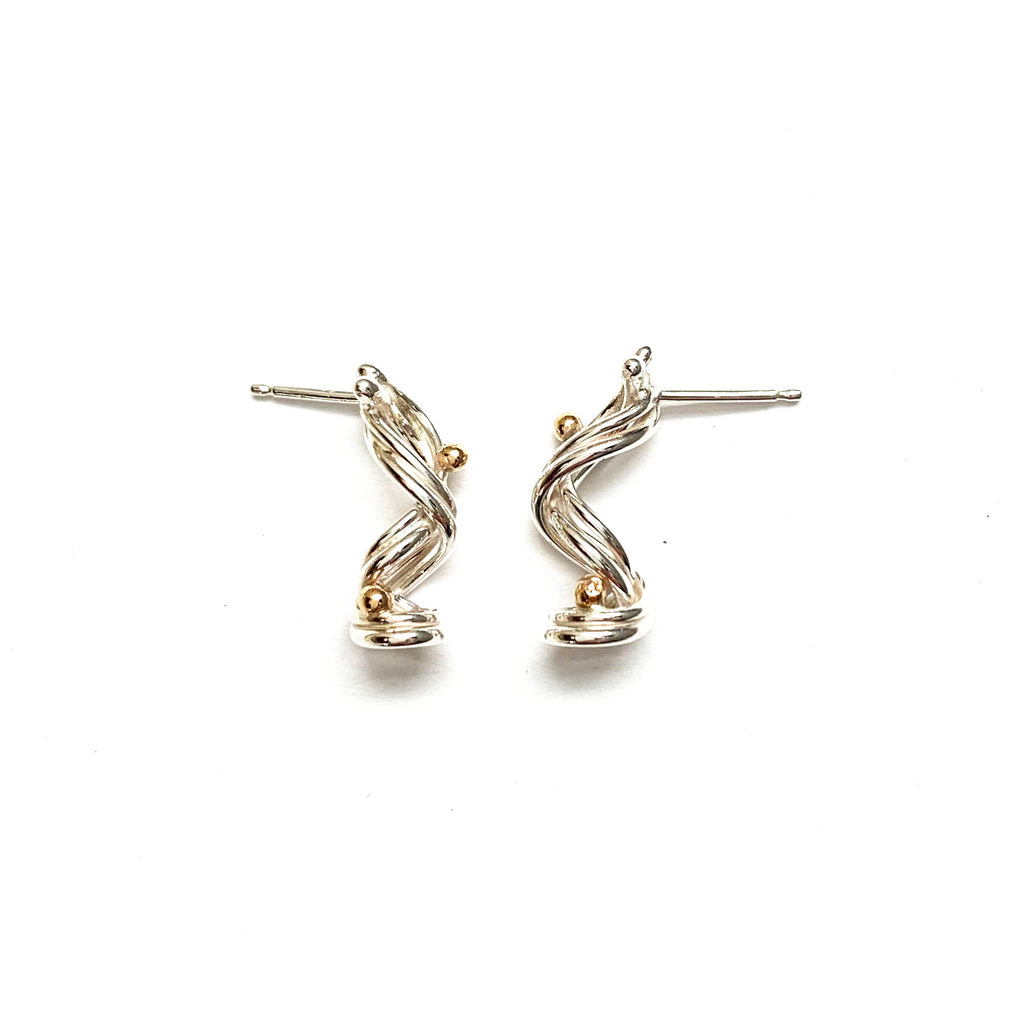 Journey Earrings, Sterling silver and 14 karat gold stud earrings, handcrafted by Lynda Constantine