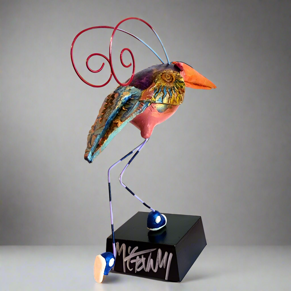 Ceramic bird sculpture in blue sneakers by Steven McGovney