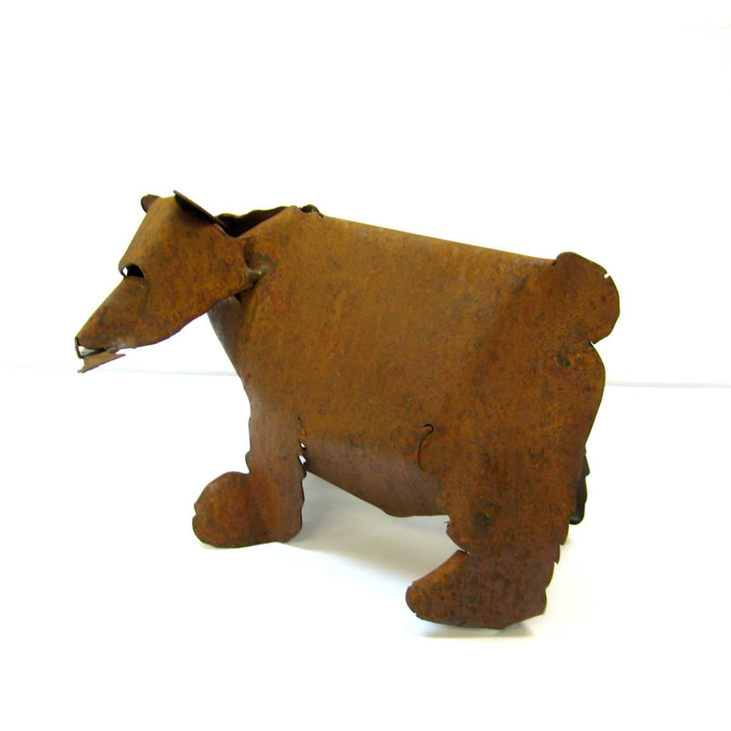 Alternative view, Rustic Sculpture,  of bear figure, design by Ron Stephens, handmade in Guelph, ON by Metallic Evolution