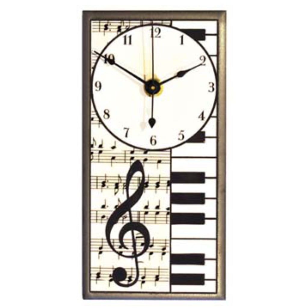 Decorative wall clock with musical notes and piano keys design on a white background, ceramic clock for wall or shelf, by All Fired Up/That's a Switch, made in Canada