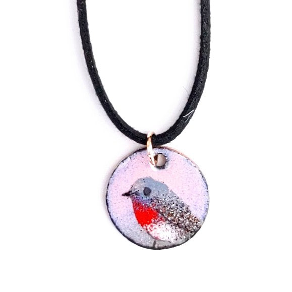English Robin design enameled onto a Canadian penny, pendant by Margot Page.
