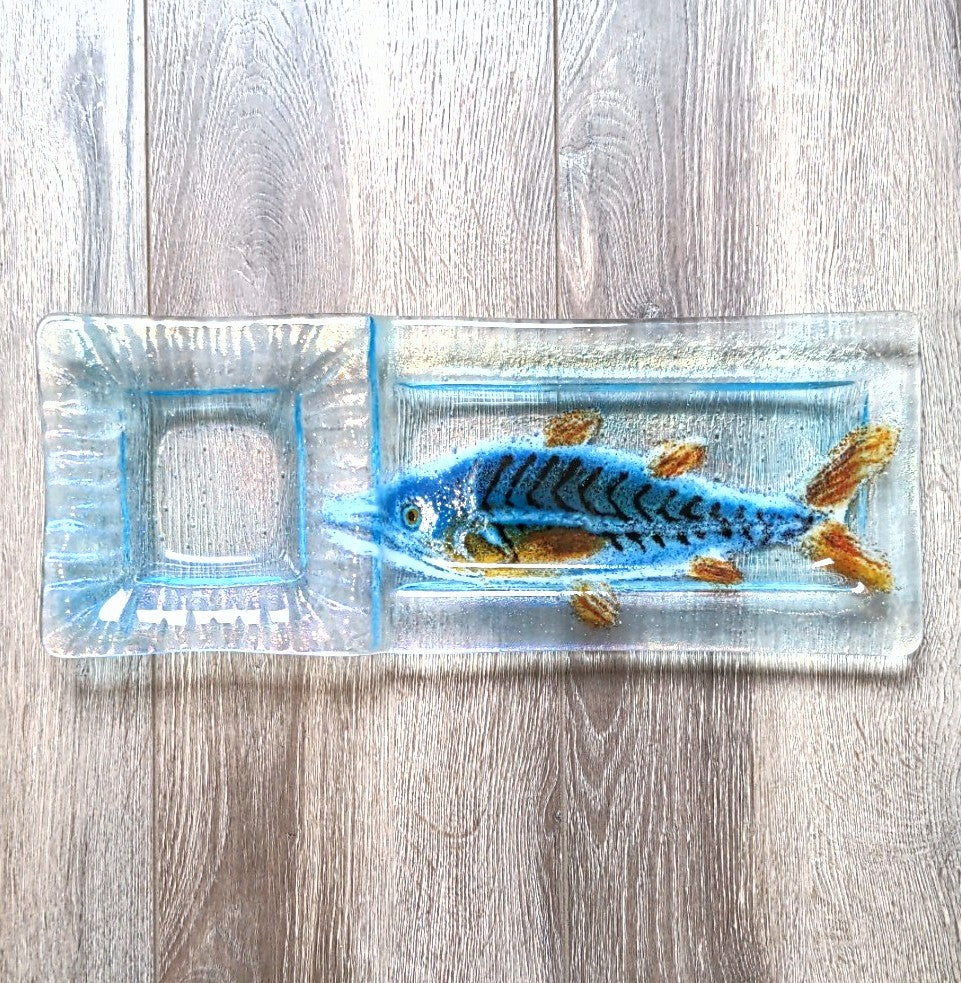 Blue fish design, Glass multi serving platter by Kiln Art