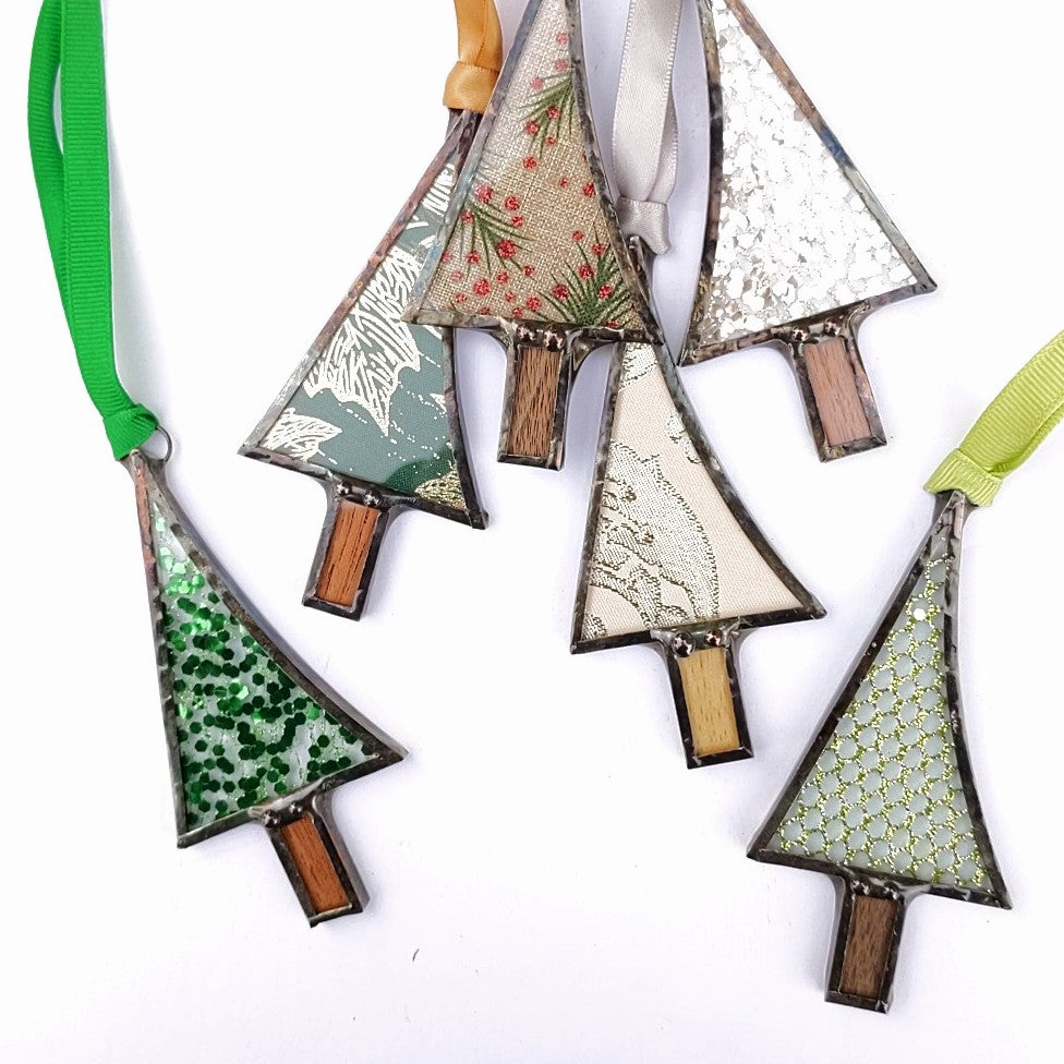 Glass and fabric tree ornaments by Christine and Reid of Bibelot Design