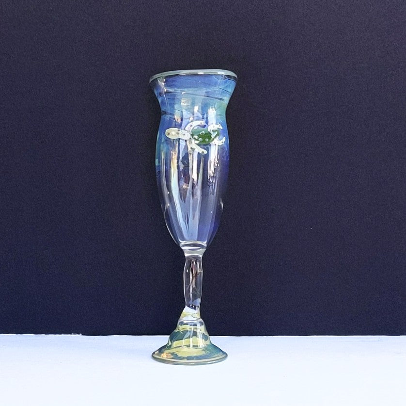 Sea Turtle design Ocean Champagne Glass, handblown by Otter Rotolante, OT Glass