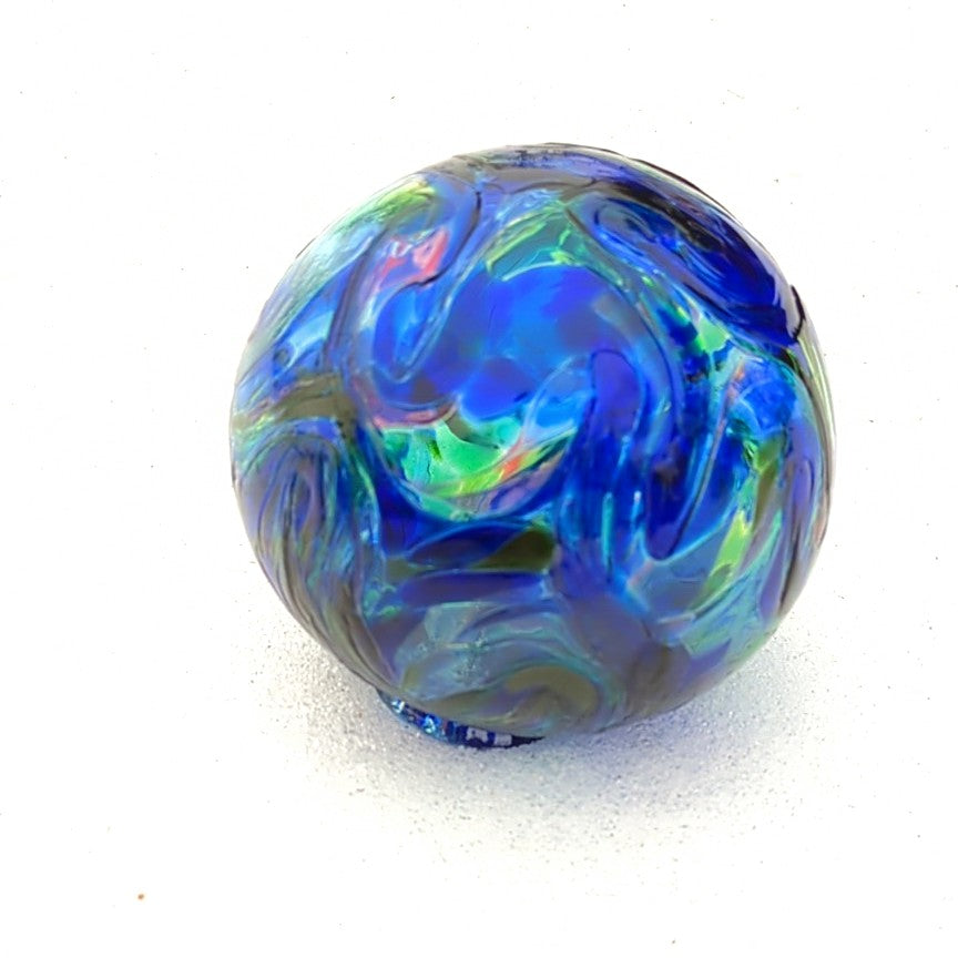 Glass float, white hand-blown glass ball, flat fisherman's float, colour "Blue Multi Swirled"