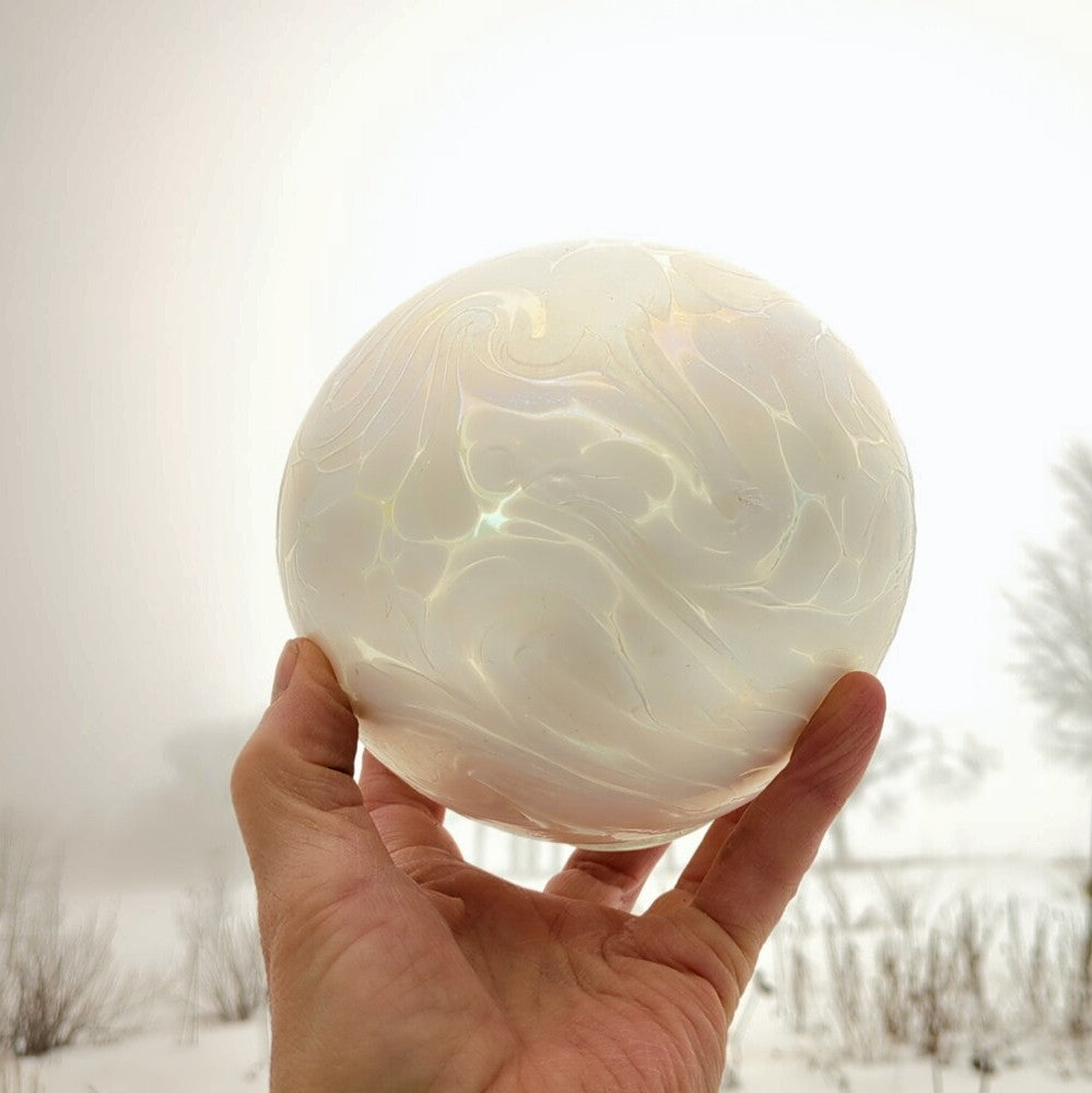 Glass float, white hand-blown glass ball, flat fisherman's float