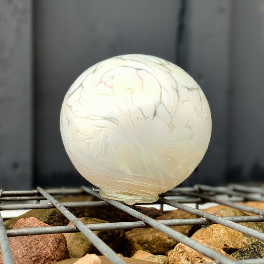 Glass float, white hand-blown glass ball, flat fisherman's float, alternate view