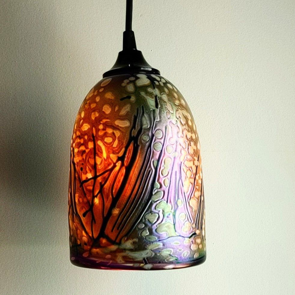 Blown Glass Pendant Lamp by Rick Hunter, glowing gold when turned on