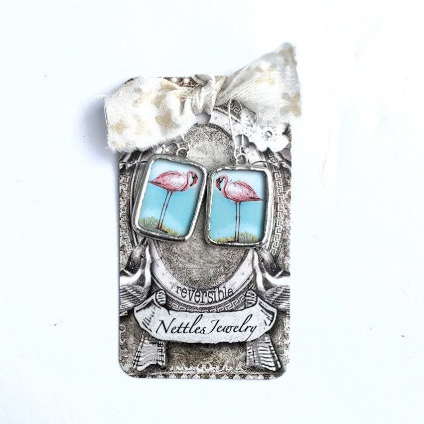Flamingo Vintage print reversible earrings by Nettles Jewelry