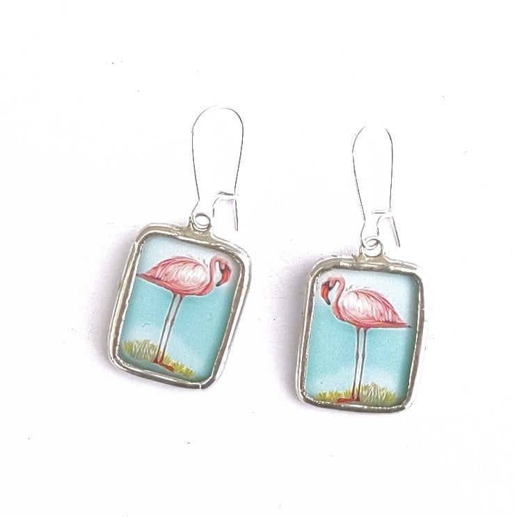 Flamingo Vintage print reversible earrings by Nettles Jewelry