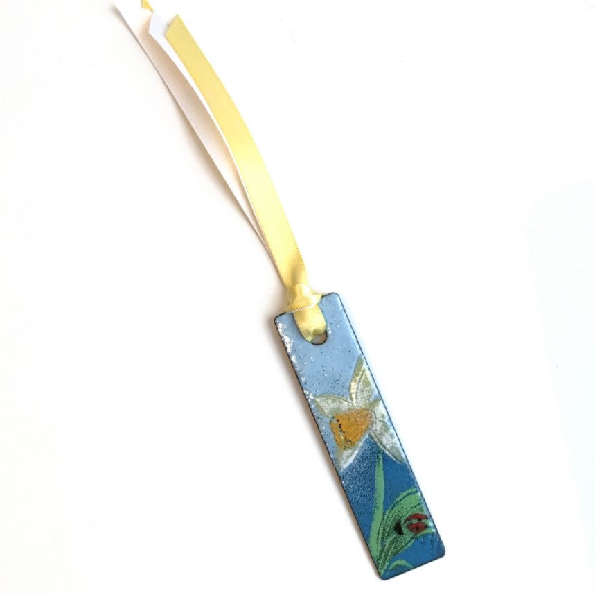 Enamel bookmark by Margo Page with narcissus and ladybug