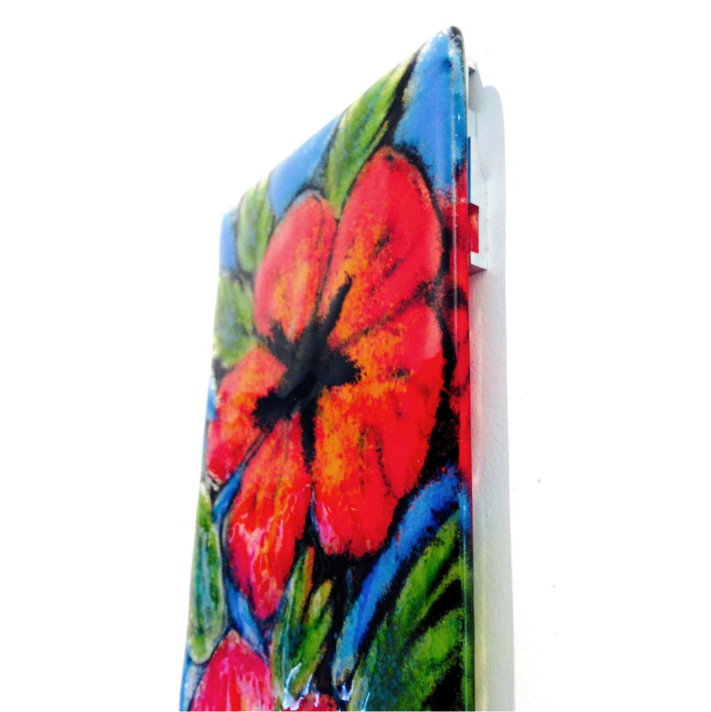 side view of Glass art panel with red poppy design by Kiln Art