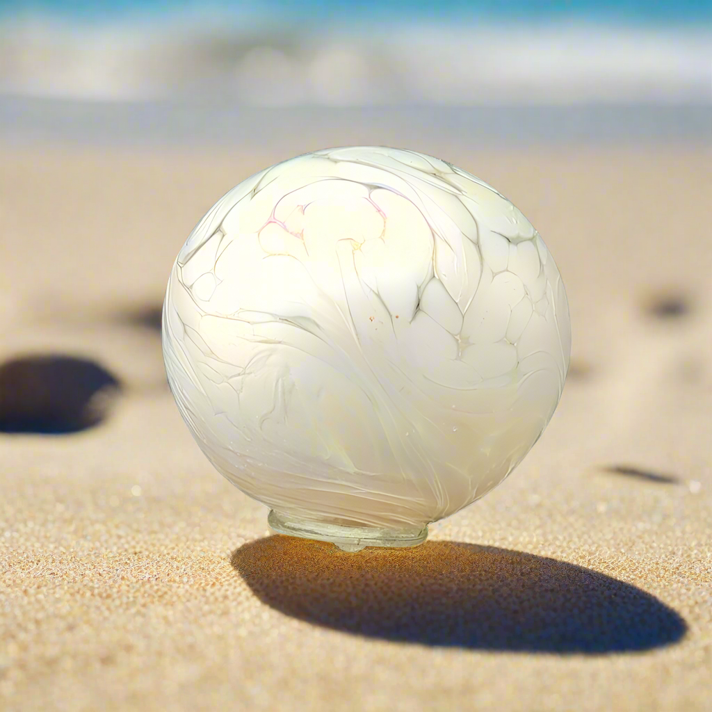 Glass float, white hand-blown glass ball, flat fisherman's float, beach setting