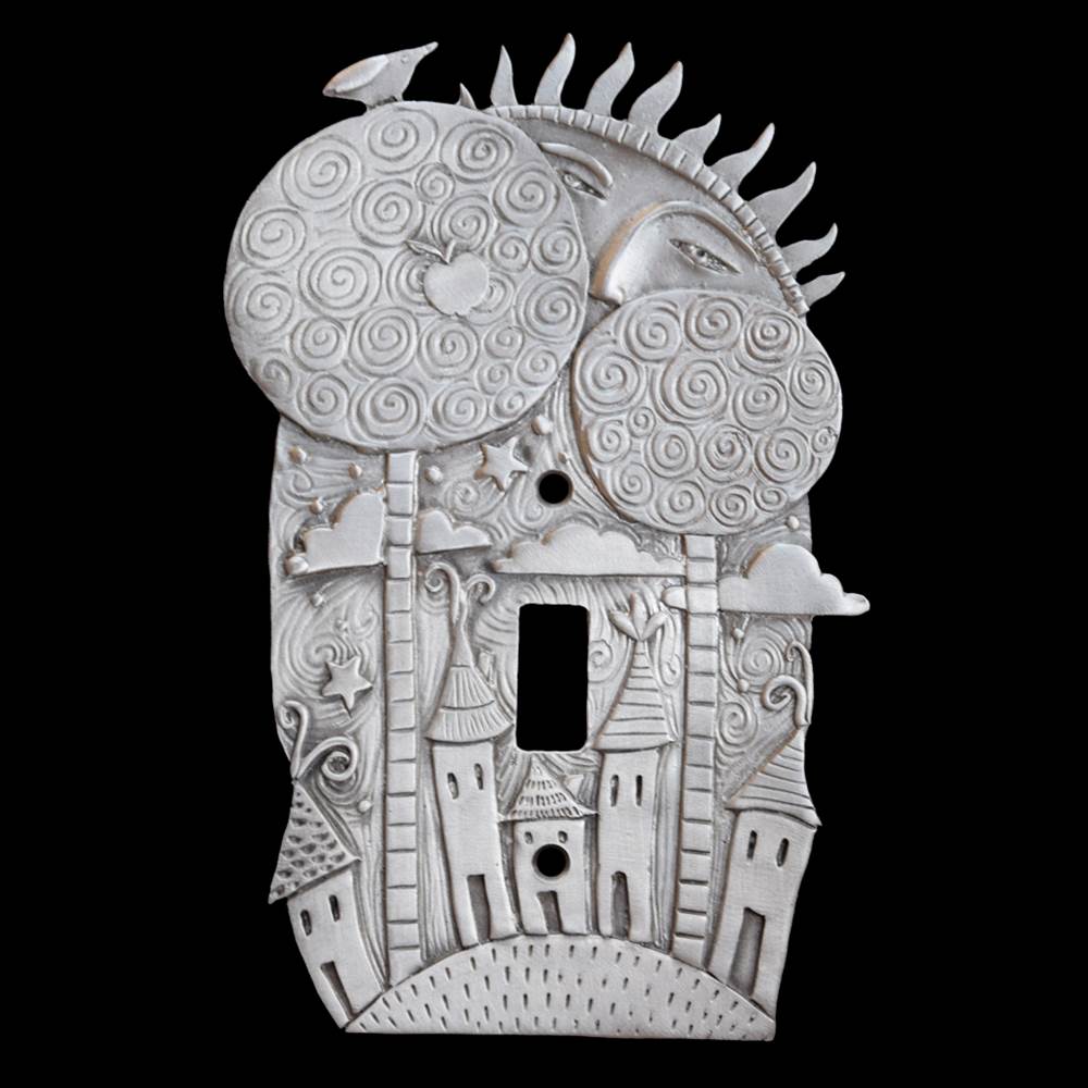 Little Village pewter light switch cover, fanciful  artwork by Leandra Drumm