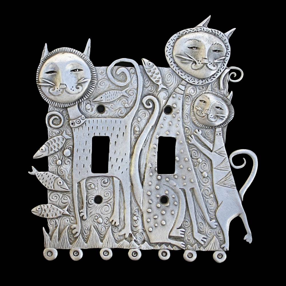 Cat Family switch plate cover, double switch in pewter, by Leandra Drumm