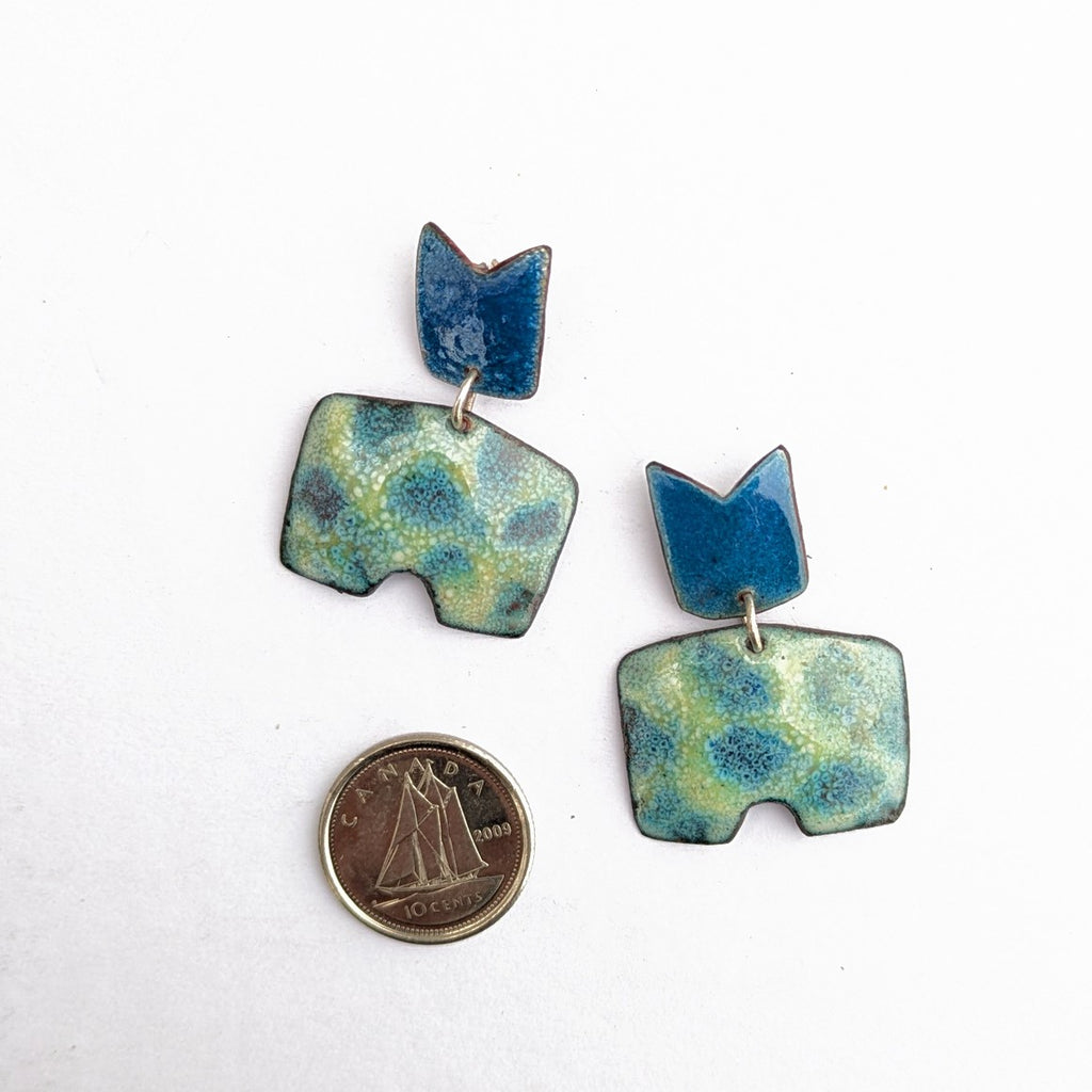 Abstract enamel handmade earrings by Timothy Laurin, made in Canada view showing actual size