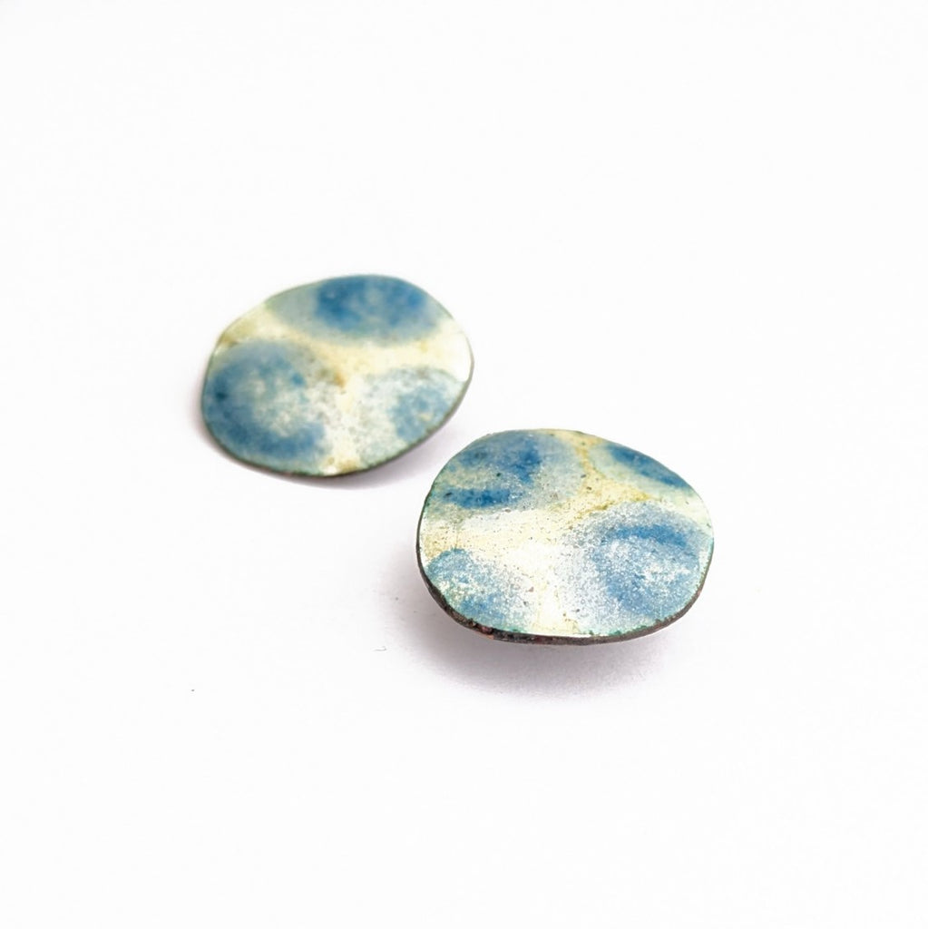 Blue & Gold Abstract enamel stud earrings, handcrafted in Canada by Timothy Laurin, side view