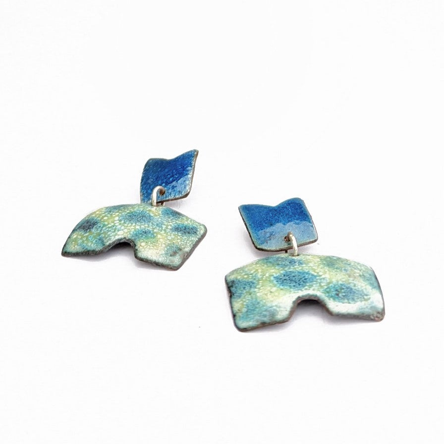 Abstract enamel handmade earrings by Timothy Laurin, made in Canada, edge view