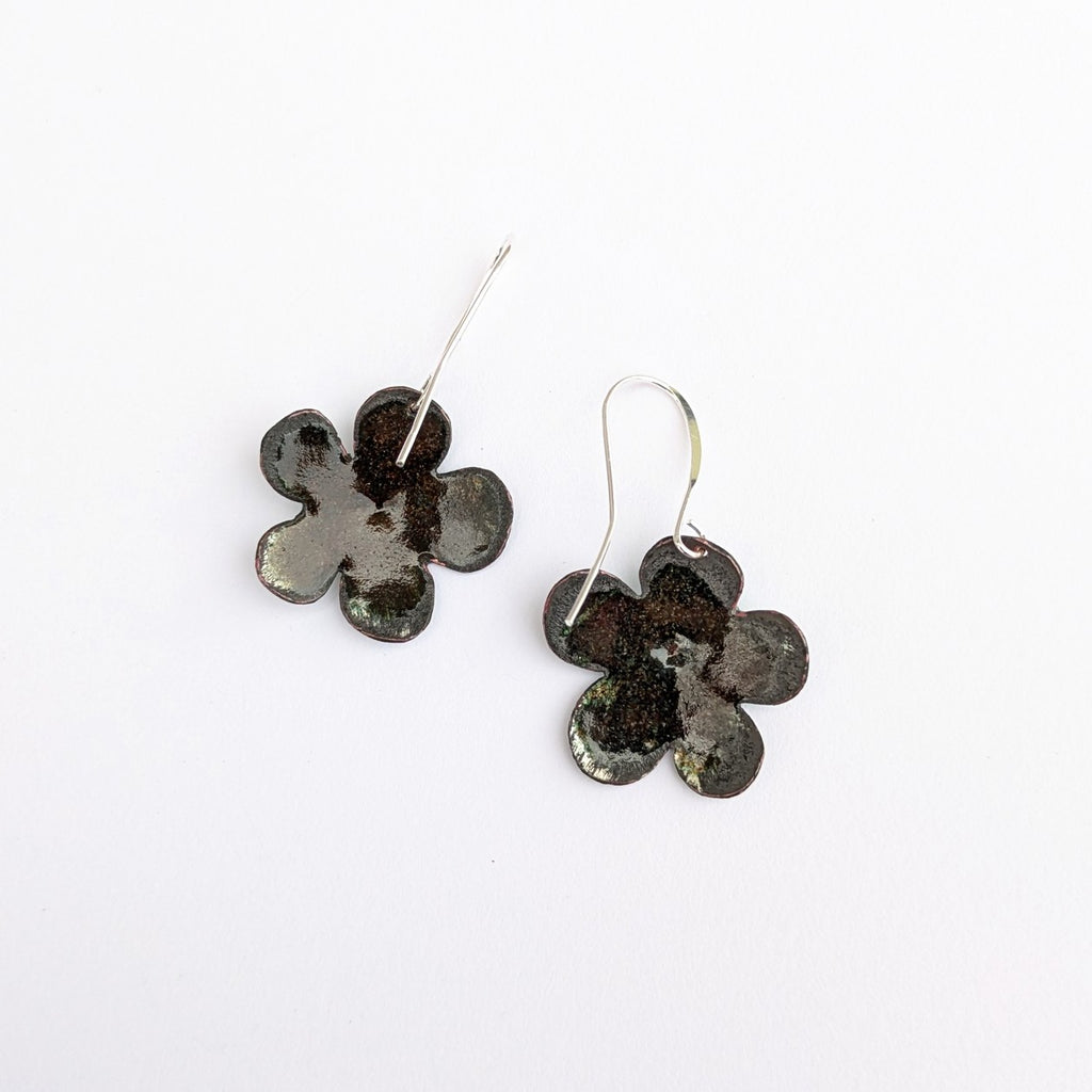 back of Green enamel drop earrings on sterling silver earwire, handmade by Timothy Laurin