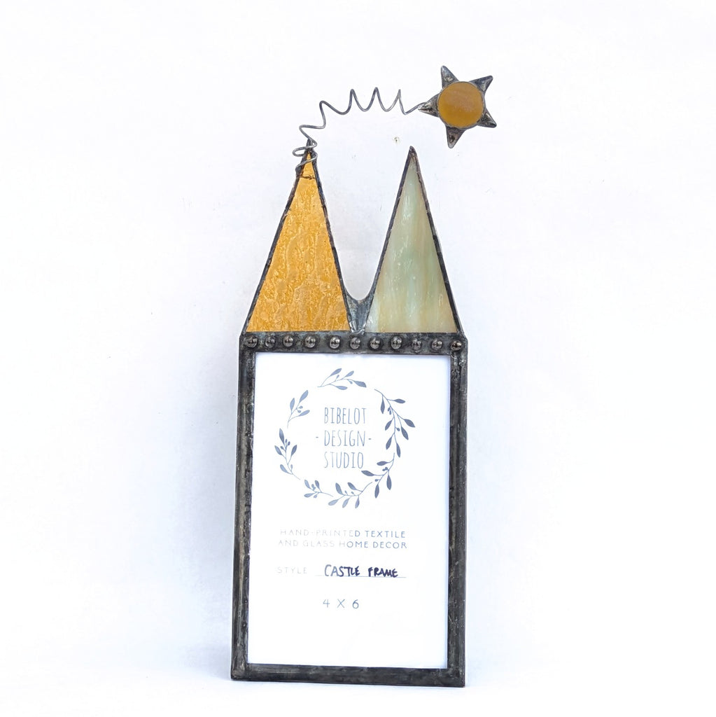 #64 Castle frame by Christine and Reid of Bibelot Design. Stained glass photo frame, 4" x 6" vertical