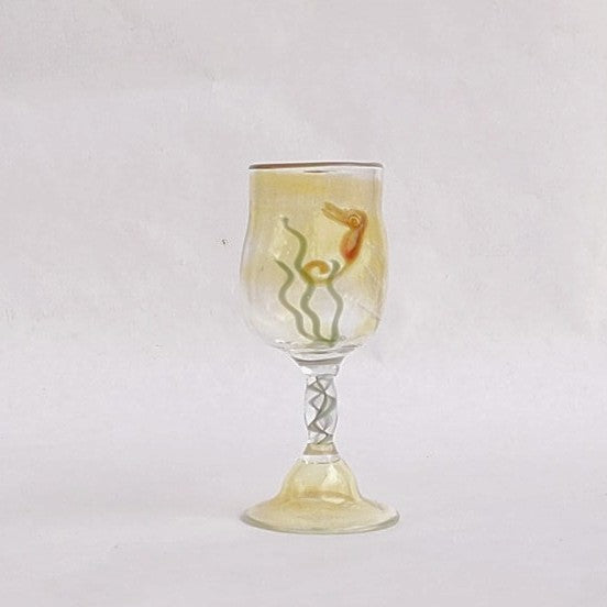 Seahorse on white background design Cordial Glass, handblown by Otter Rotolante of OT Glass