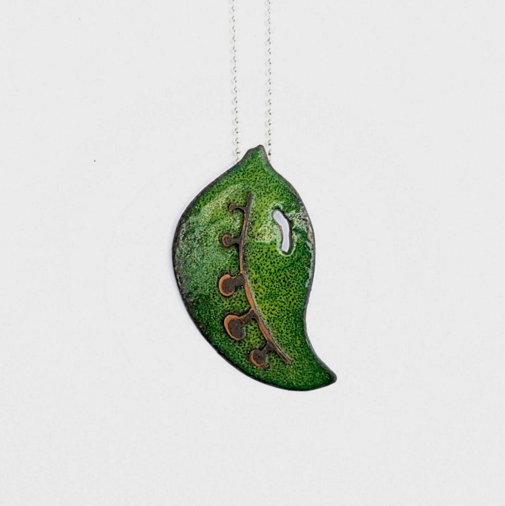 Green enamel leaf pendant, made in Canada by Tim Laurin