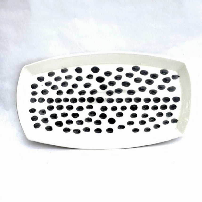 Graphic black and white serving platter, hand made pottery by Juliet Promintz, white background