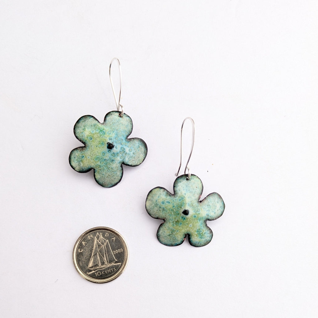 Green enamel drop earrings on sterling silver earwire, handmade by Timothy Laurin showing actual size