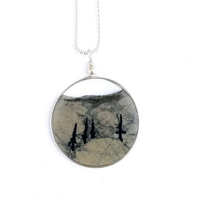 Solid stone, hand painted design, sterling silver chain, pendant made in Canada by Wendy Stanwick of A Slice of the North jewellery.