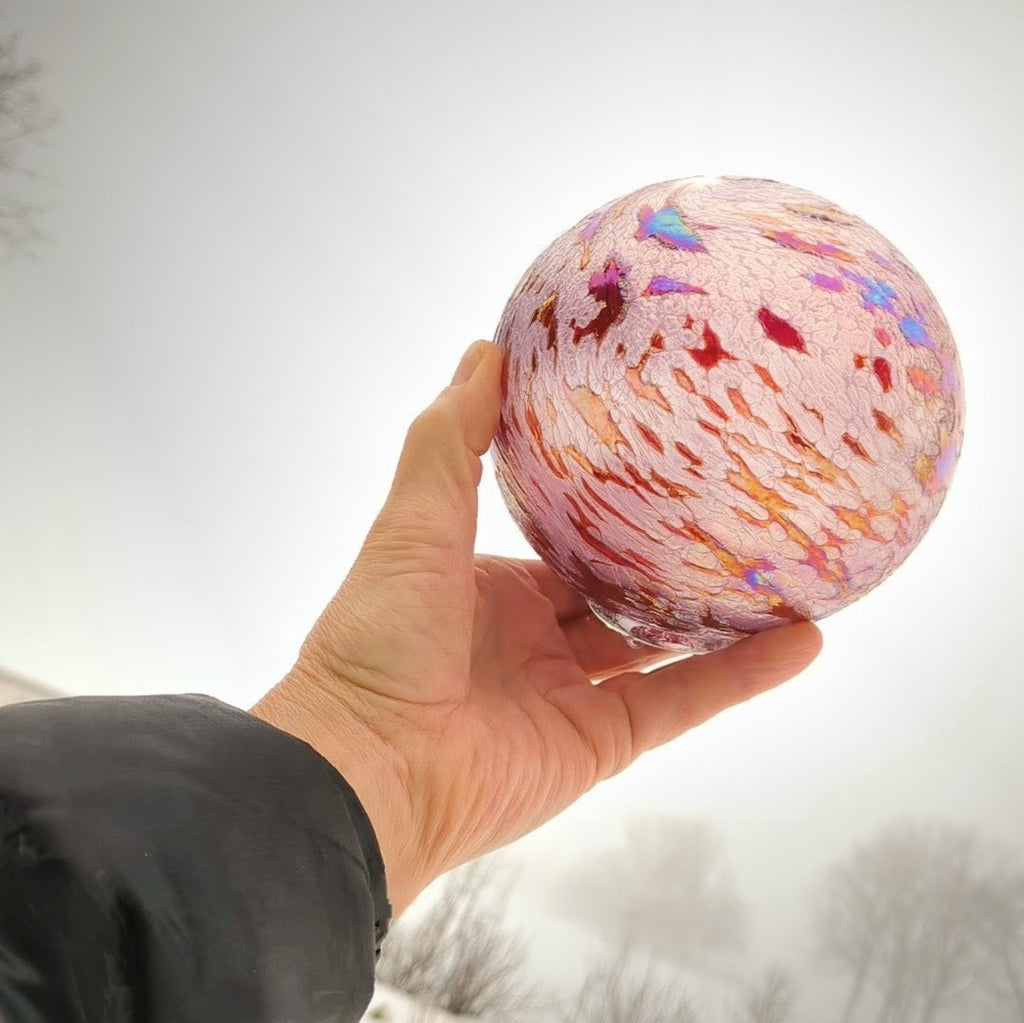 Glass float, white hand-blown glass ball, flat fisherman's float, textured surface