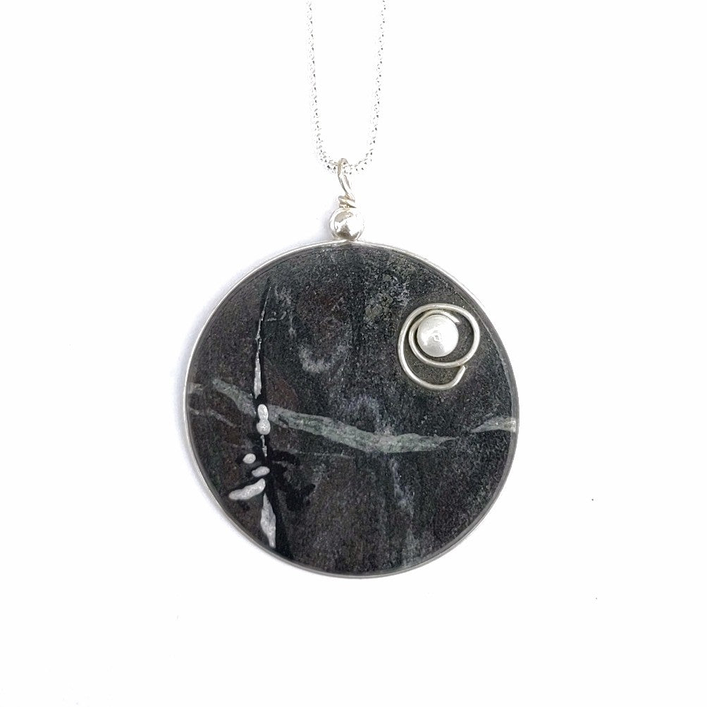 Solid stone with fresh water pearl, hand painted design, sterling silver chain, pendant made in Canada by Wendy Stanwick of A Slice of the North jewellery.