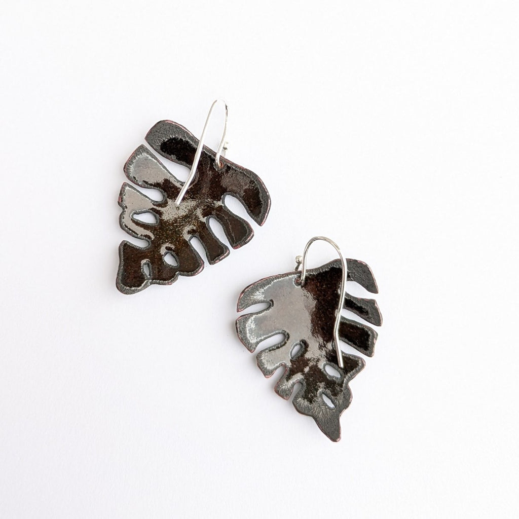 Leaf-shaped enamel earrings, made in Canada by Timothy Laurin, back view