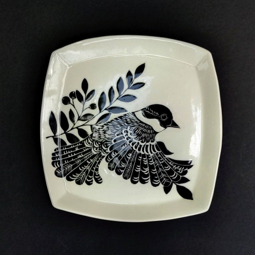 Alternate view of Square rimmed plate, bird design carved on white clay, pottery by Amanda Kerr