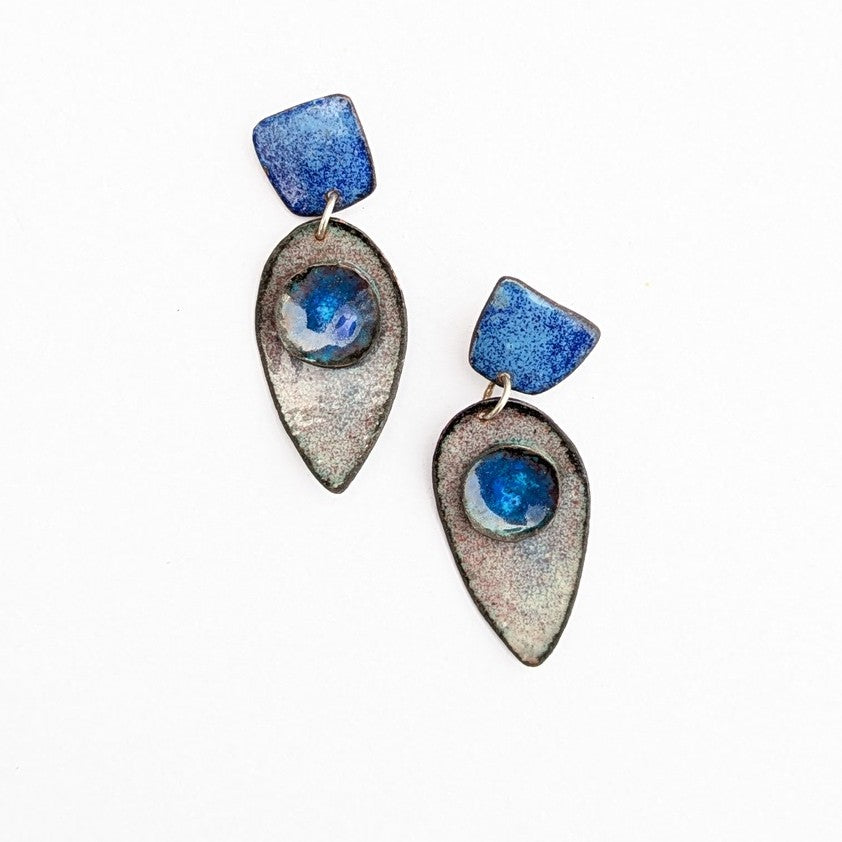 Layered, double swinging enamel earrings by Timothy Laurin, made in Canada.