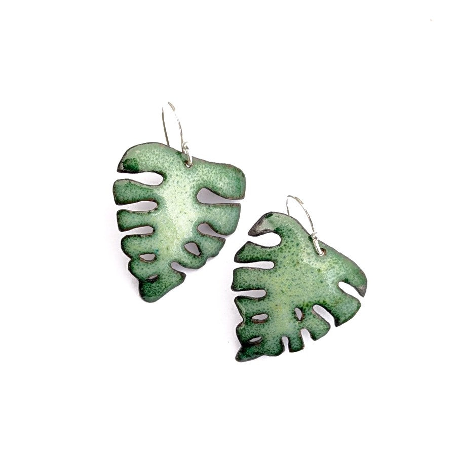 Leaf-shaped enamel earrings, made in Canada by Timothy Laurin