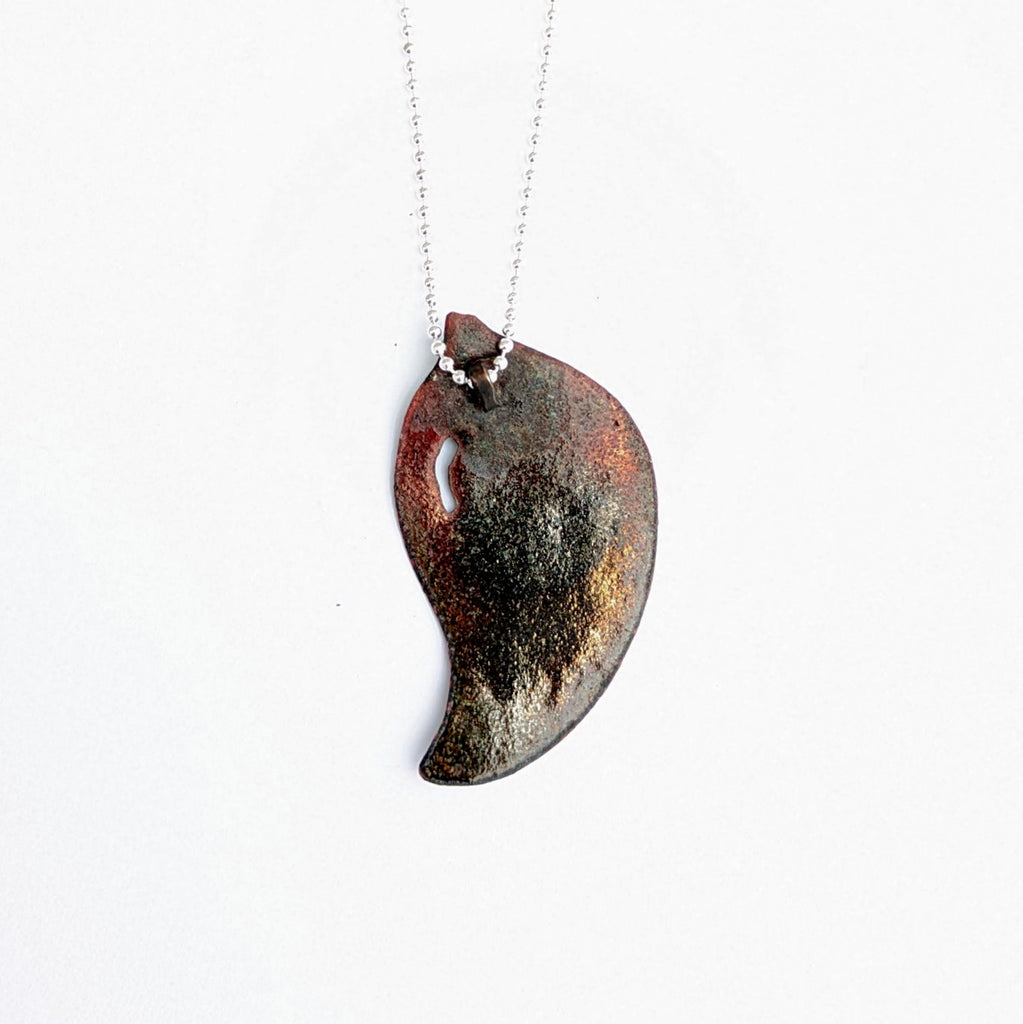 back view of Green enamel leaf pendant, made in Canada by Tim Laurin
