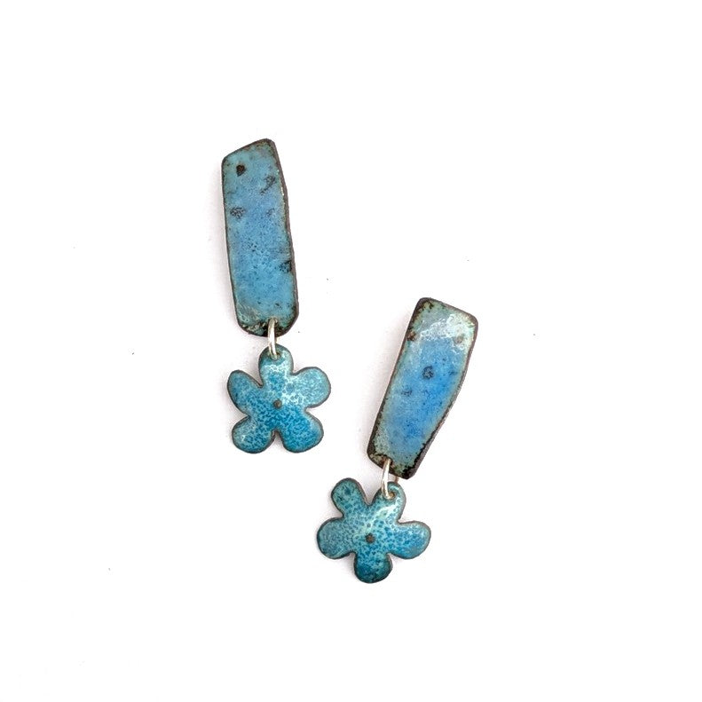 Hand applied blue enamel finish on these dangle earrings by Canadian Timothy Laurin