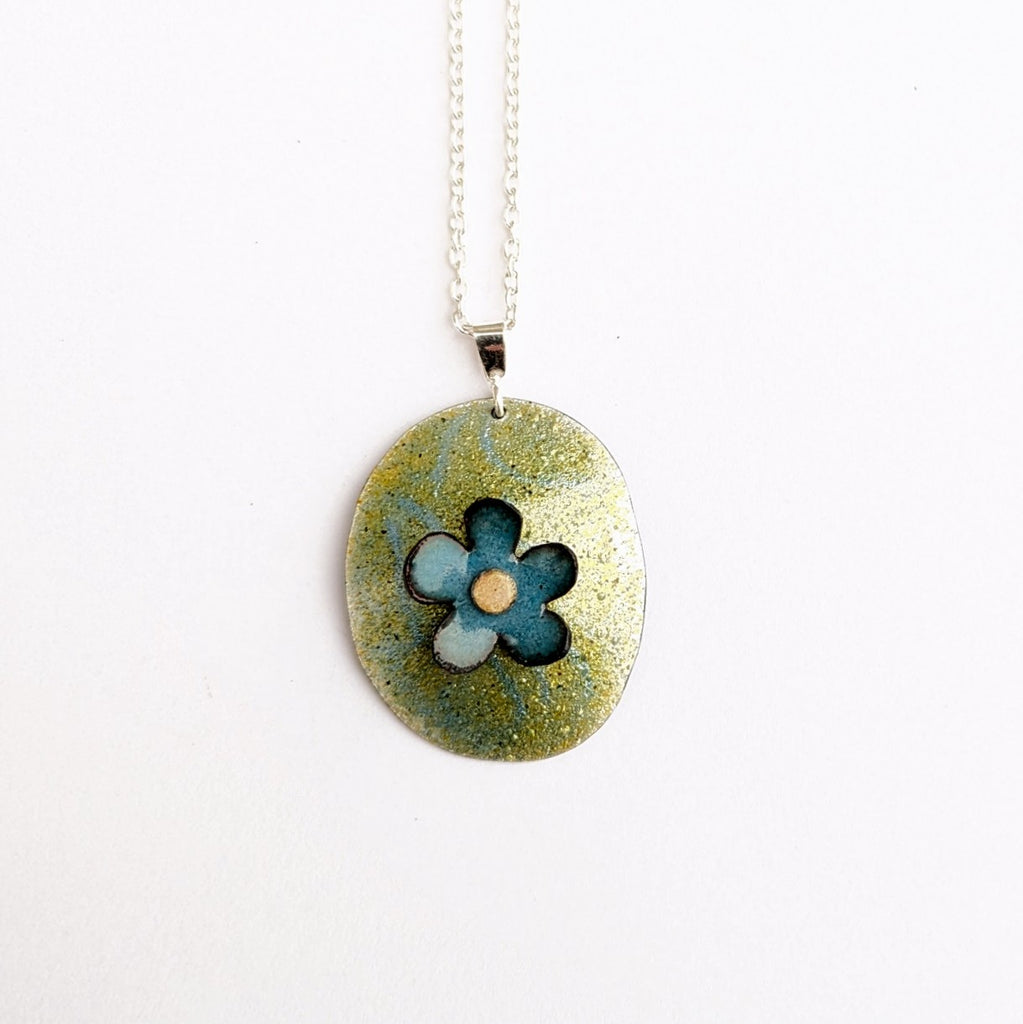 Floral domed pendant in enamel by Timothy Laurin, made in Canada